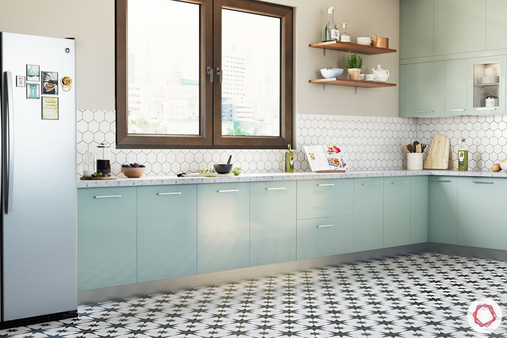 Alia Bhatt house-kitchen layout-mint green cabinets-fridge design-open shelf-wall cabinets-base cabinets
