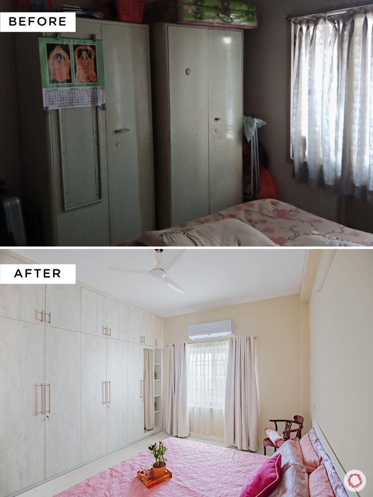 home interiors in chennai-plywood wardrobes-light wood-beige walls-pink bed