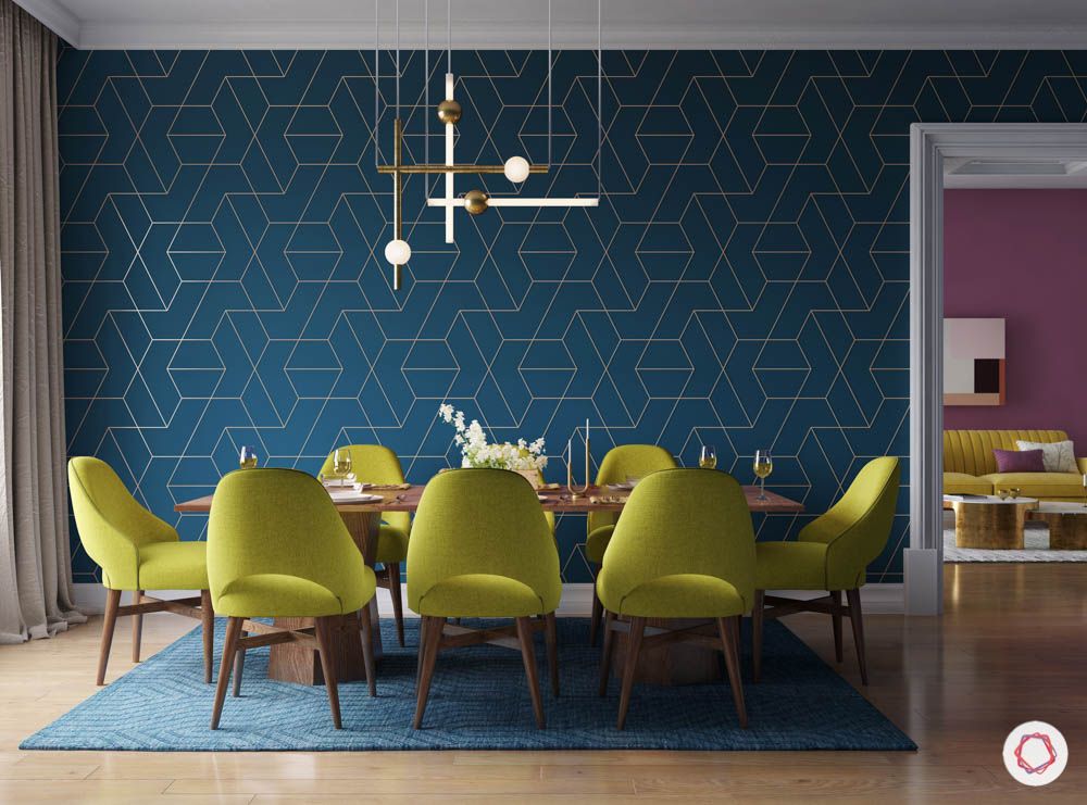 metal fixtures-quirky chandelier-blue wallpaper-lime green chairs