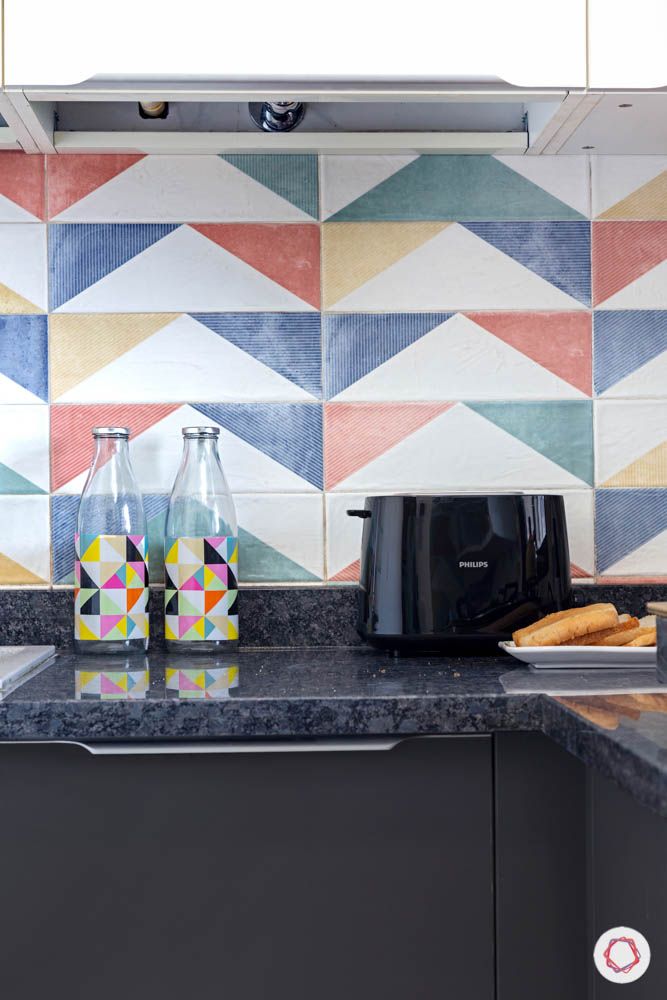 small modular kitchen design-colourful ceramic tiles- granite countertop