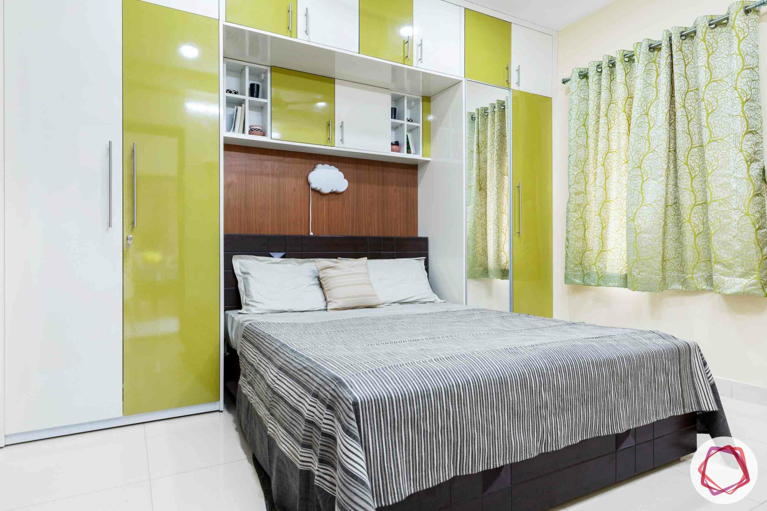 best interior designers in hyderabad-green and white wardrobes-bed-curtains