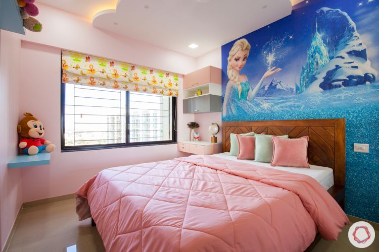 blue wallpaper-pink walls-POP ceiling-wooden bed-study unit