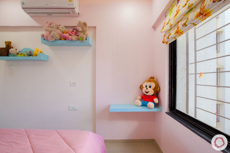 blue wallpaper-pink walls-POP ceiling-wooden bed-study unit