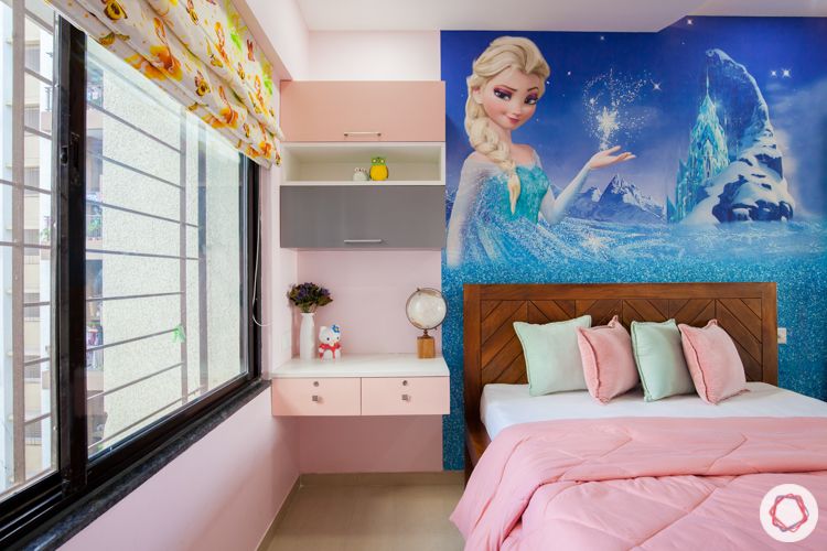 blue wallpaper-pink walls-POP ceiling-wooden bed-study unit