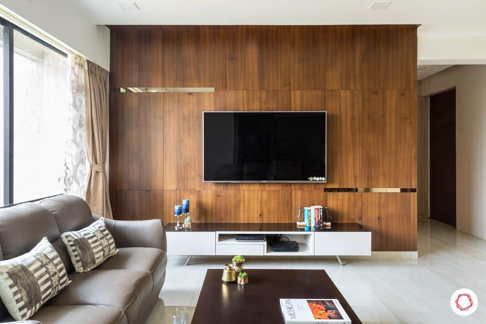 wall mounted TV unit-wooden wall-mirror detail-white cabinets