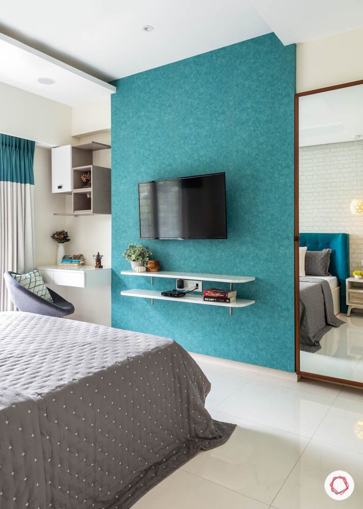 wall mounted TV unit-blue wallpaper-bedroom unit designs-study unit designs-mirror
