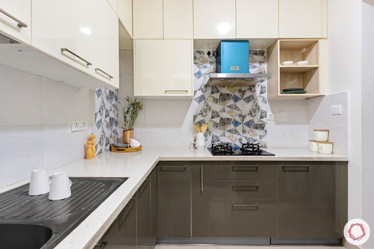 2 bhk flat interior design-cream and brown-laminate finish cabinets-open shelves-quartz countertop