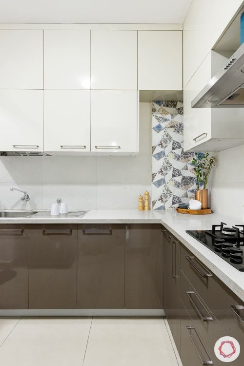 Kitchen corner-cream and brown-laminate finish cabinets-open shelves-quartz countertop-open corner