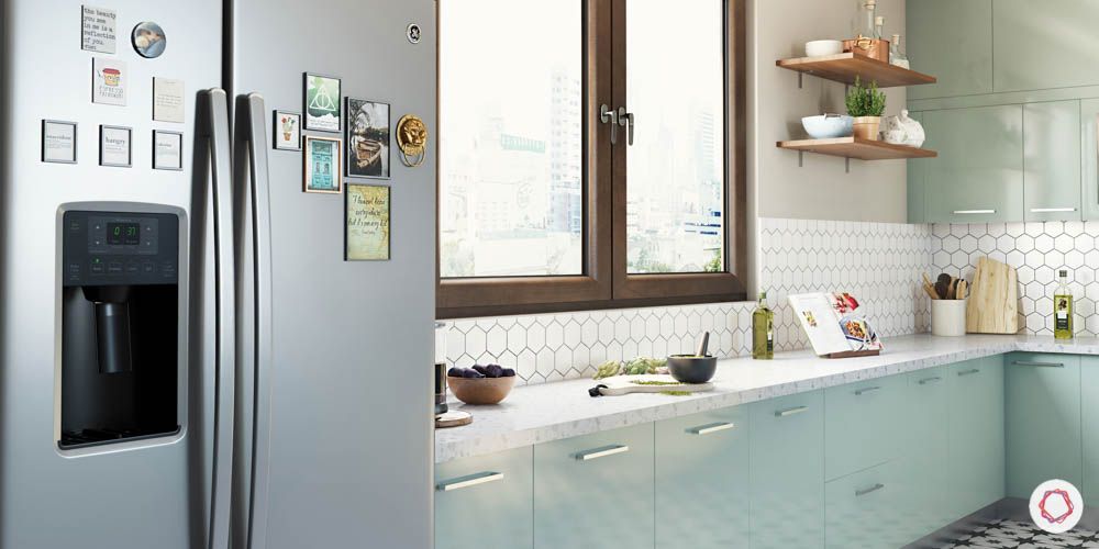 celebrity kitchen-kitchen layout-mint green cabinets-fridge design-open shelf-wall cabinets-base cabinets