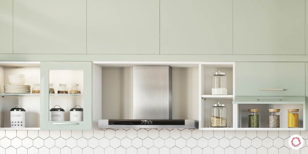 celebrity kitchen-kitchen layout-mint green cabinets-open shelf-wall cabinets