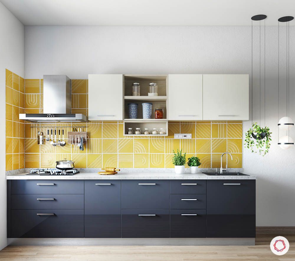 home construction-yellow backsplash-grey cabinets-yellow kitchen