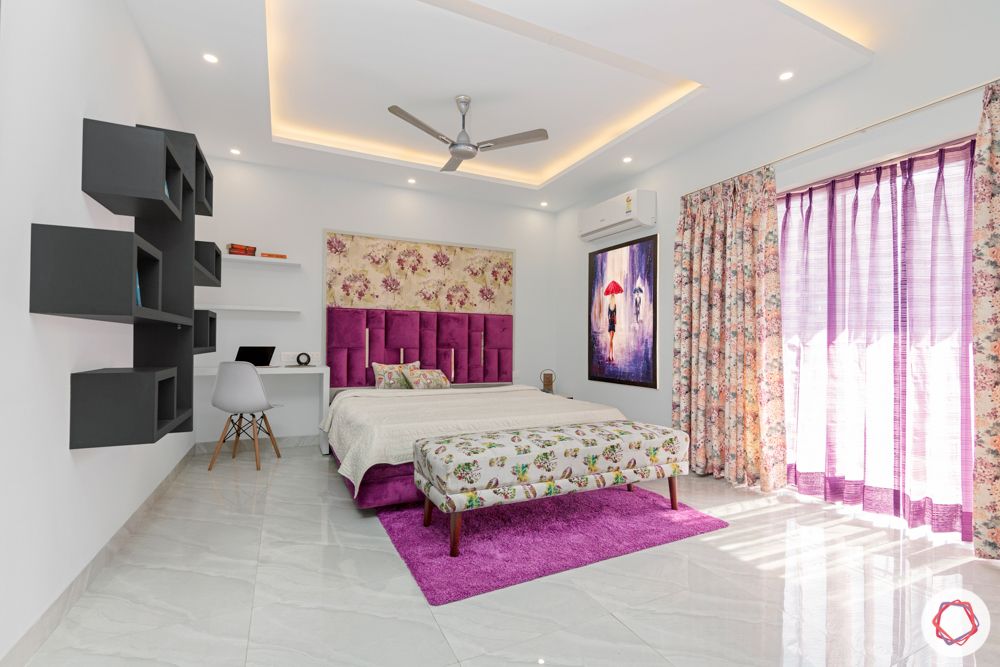  4 bhk home design-purple velvet-floral wallpaper-open shelf designs-false ceiling-purple carpet