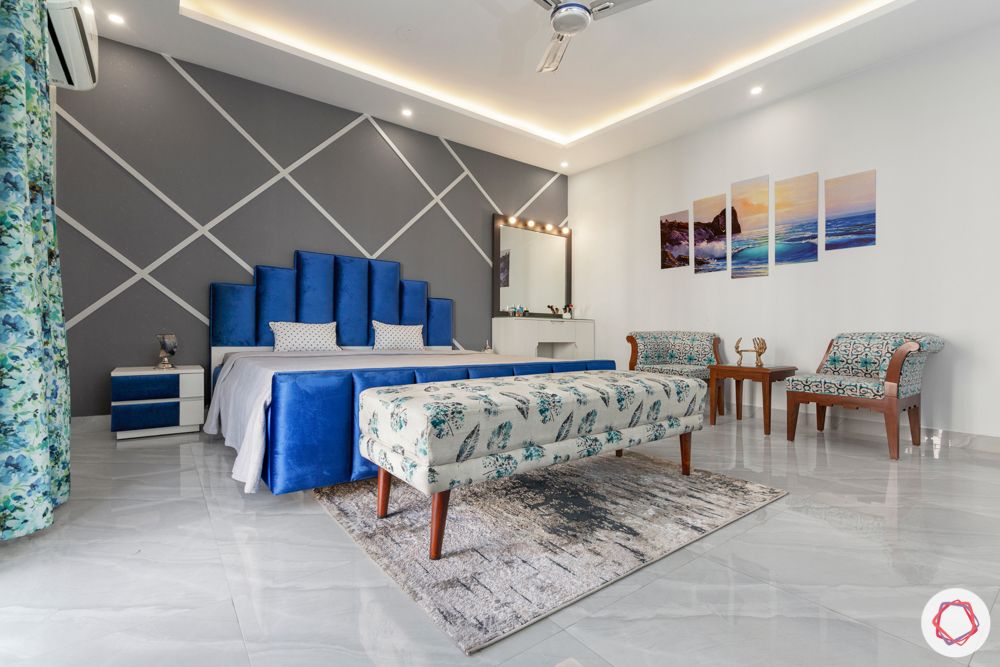  4 bhk home design-blue velvet bed-vanity unit-grey accent wall