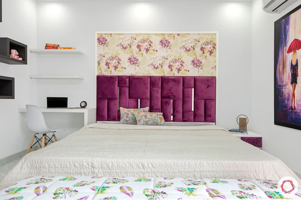 purple velvet-floral wallpaper-open shelf designs-false ceiling-purple carpet