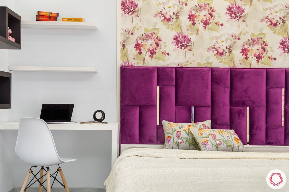 purple velvet-floral wallpaper-open shelf designs