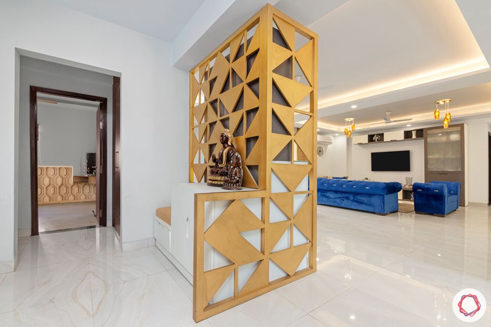  4 bhk home design-blue velvet furniture-brass coffee table-mdf jaali