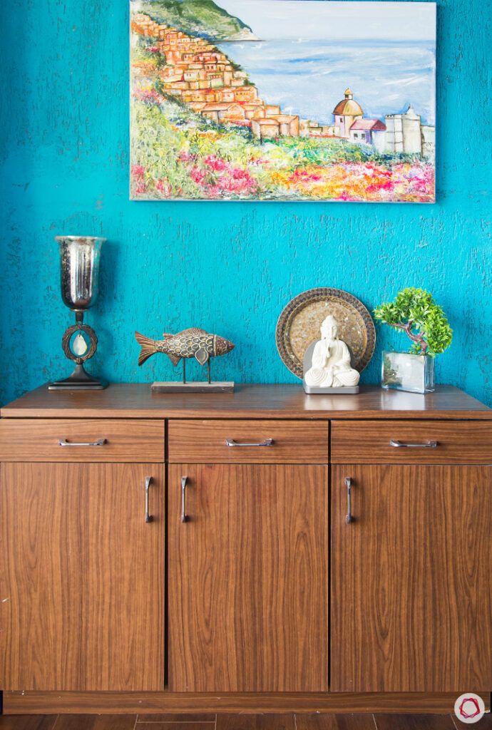 types of paints-blue wall paint-wooden console