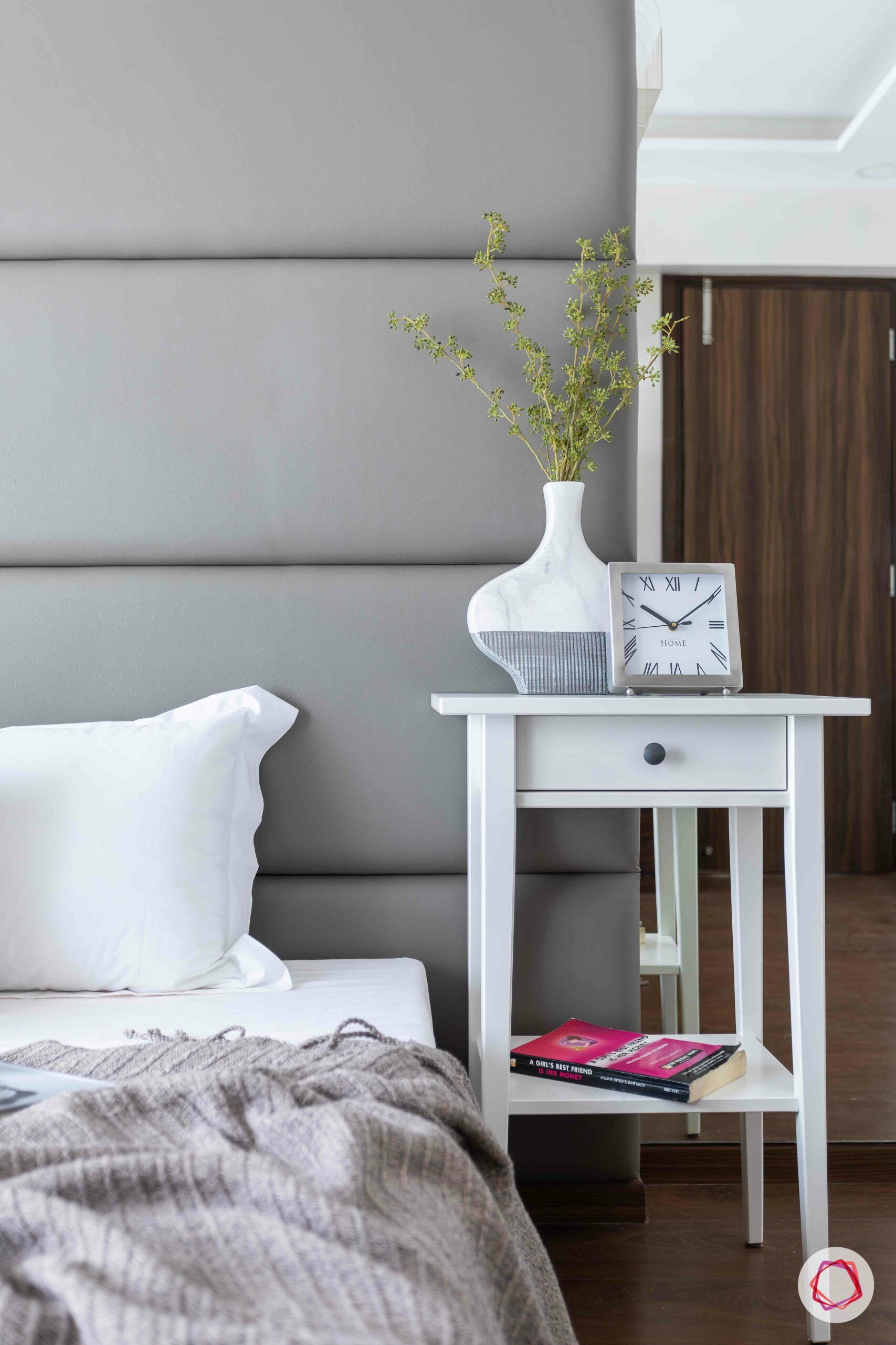 bedroom furniture-grey headboard-white side table