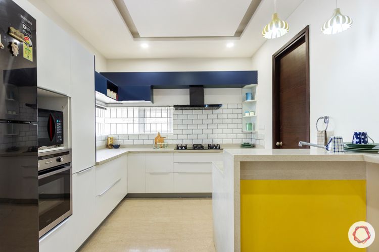 interior companies in bangalore-breakfast counter-blue and white kitchen-L-shaped kitchen