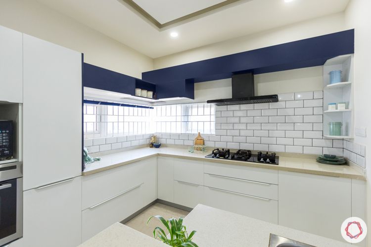 interior companies in bangalore-breakfast counter-blue and white kitchen-L-shaped kitchen