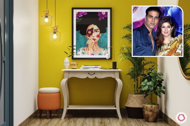 celebrity home-twinkle khanna home-console table-yellow wall designs