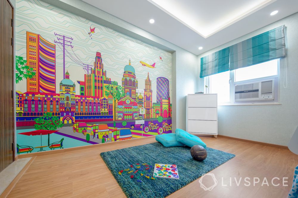 floor seating-floor cushions-city wallpaper-play room