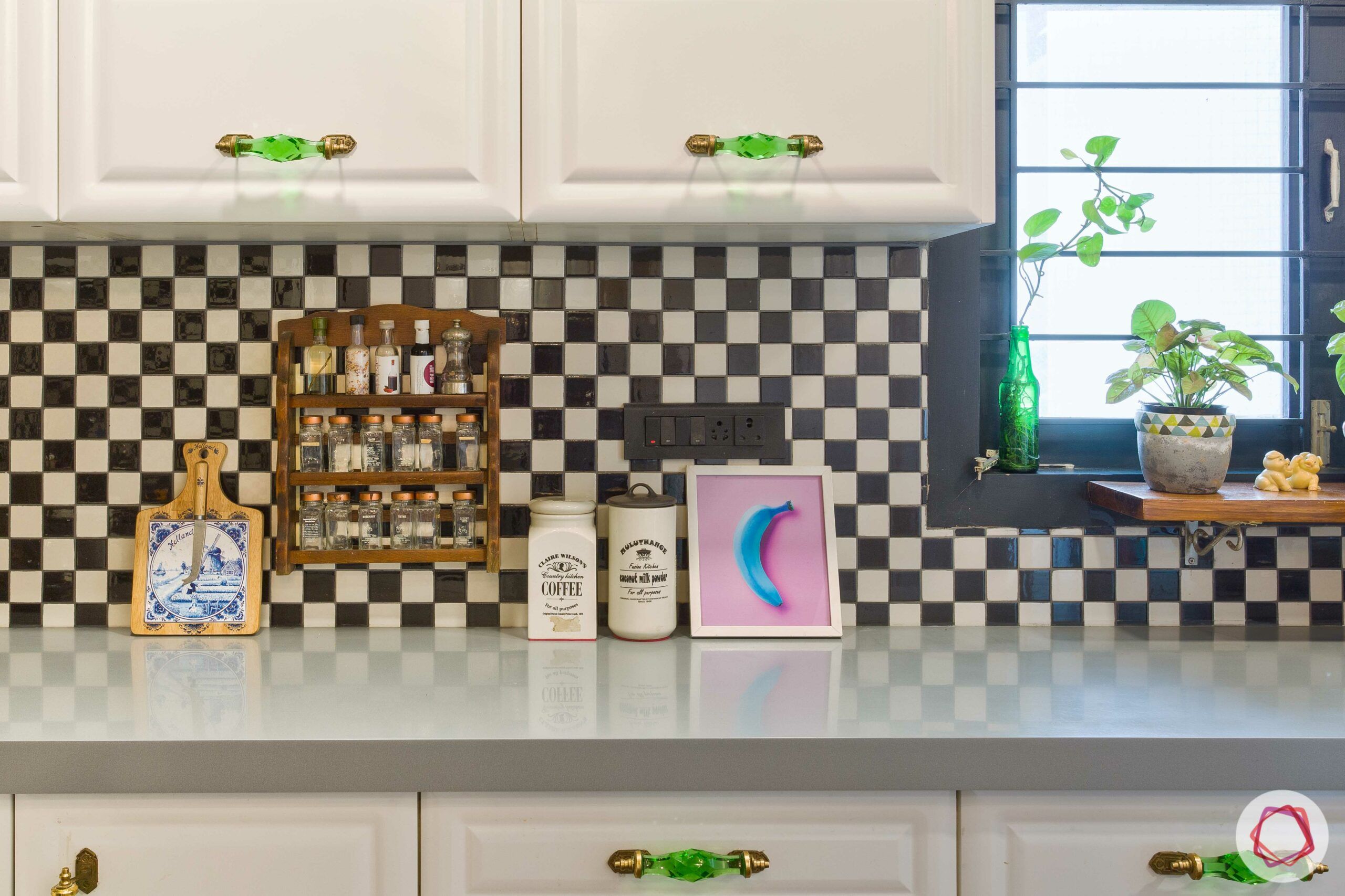 home decorating ideas on a budget-green handles-checkered backsplash
