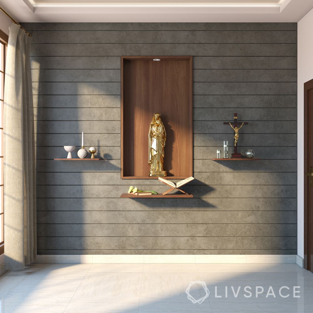 home altar design-grey wall paneling-wooden shelf designs