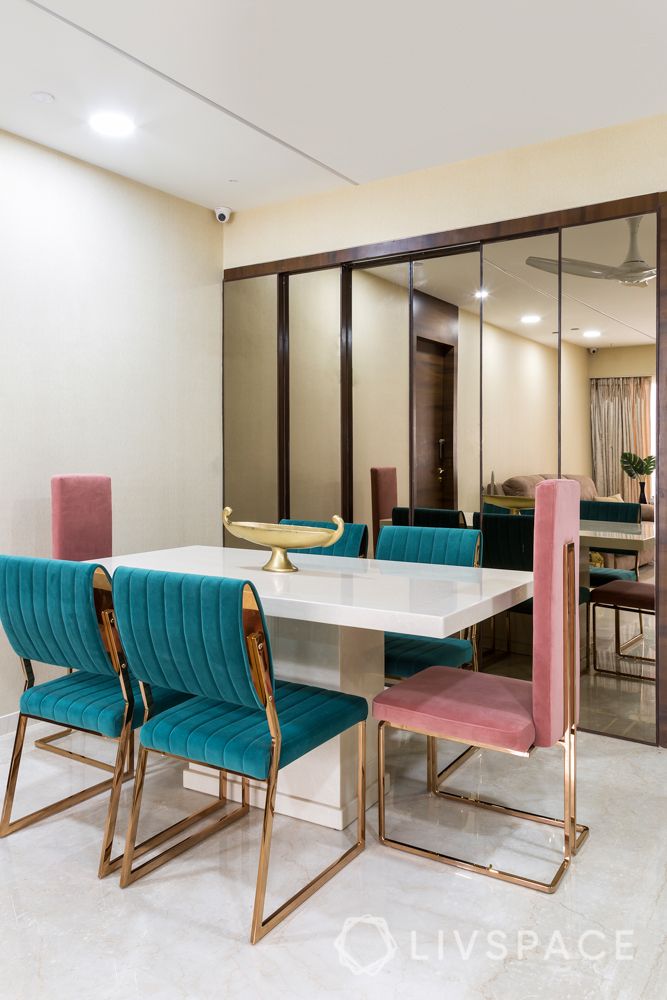 stylish home design-velvet chairs-mirror doors