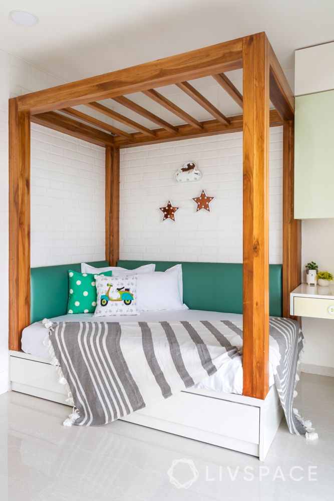stylish home design-four poster bed-wooden fram bed-green pink yellow pastel wardrobes