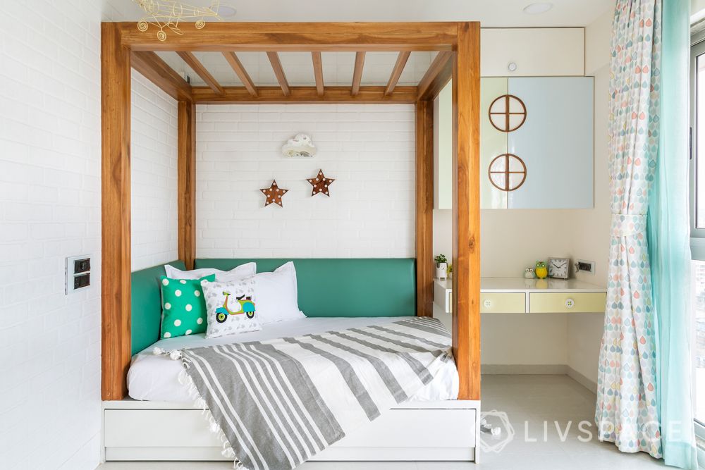 stylish home design-four poster bed-wooden fram bed-green pink yellow pastel wardrobes