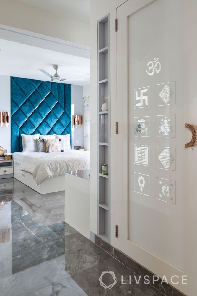 stylish home design-velvet headboard-blue headboard designs-white interiors