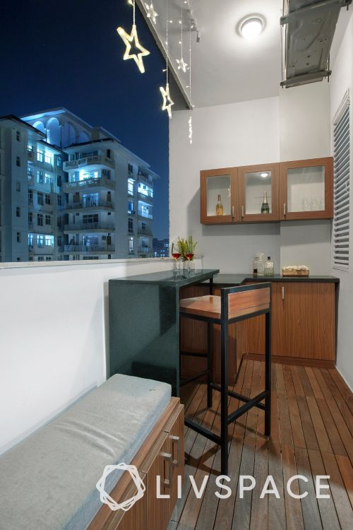 balcony furniture ideas-bar chair-benches-balcony lights