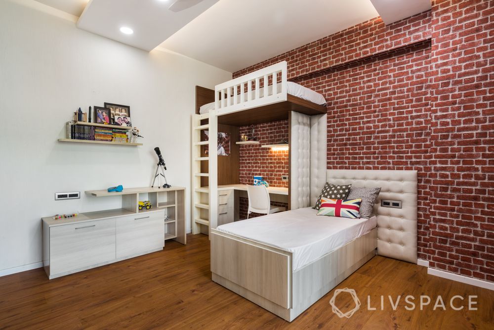 bunk bed designs-exposed brick wallpaper