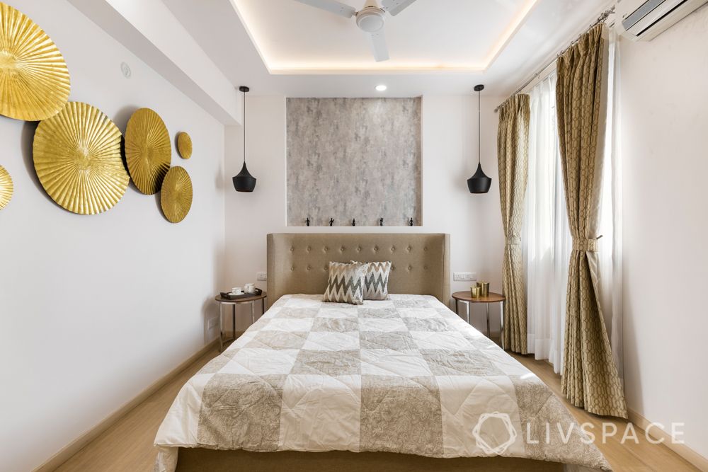 4 BHK in Gurgaon-guest bedroom wallpaper-pendant lights-gold wall accessories