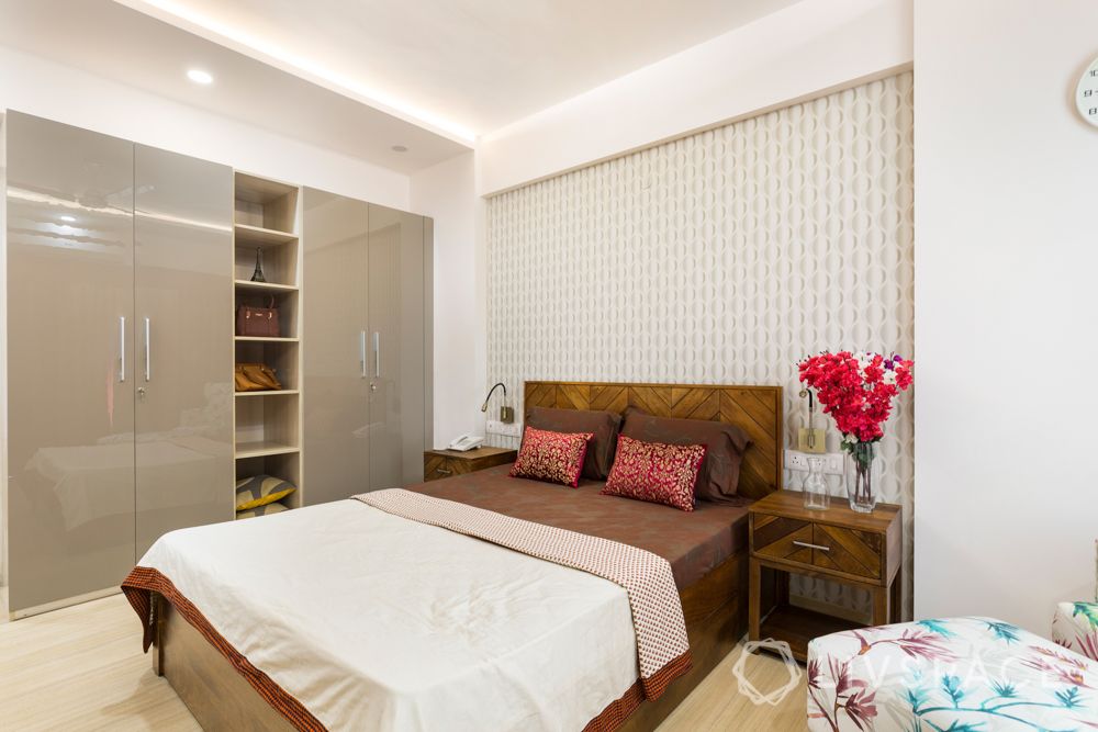 Master bedroom-greige wardrobe-acrylic wardrobe-wallpaper-wooden bed