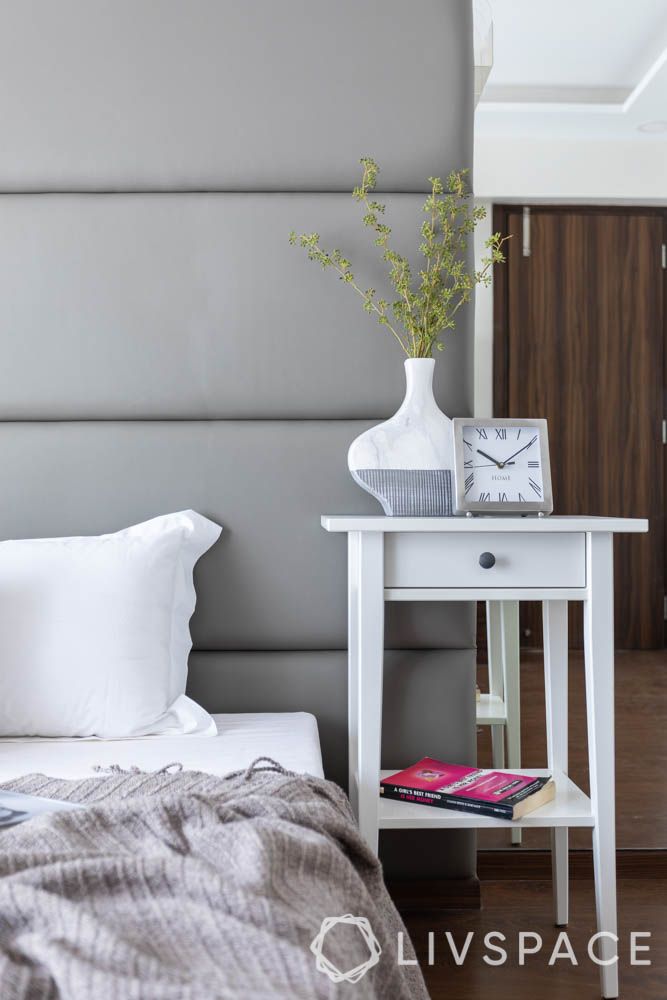 make your home look expensive-white side table-grey upholstery