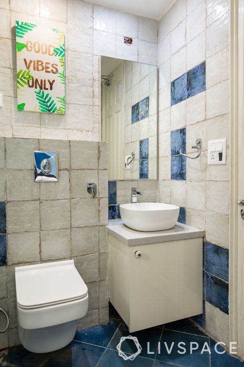 Small bathroom designs india-blue floor tiles
