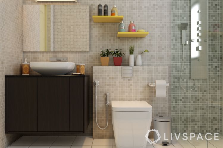 Small bathroom designs india-mosaic-yellow shelves-wooden vanity