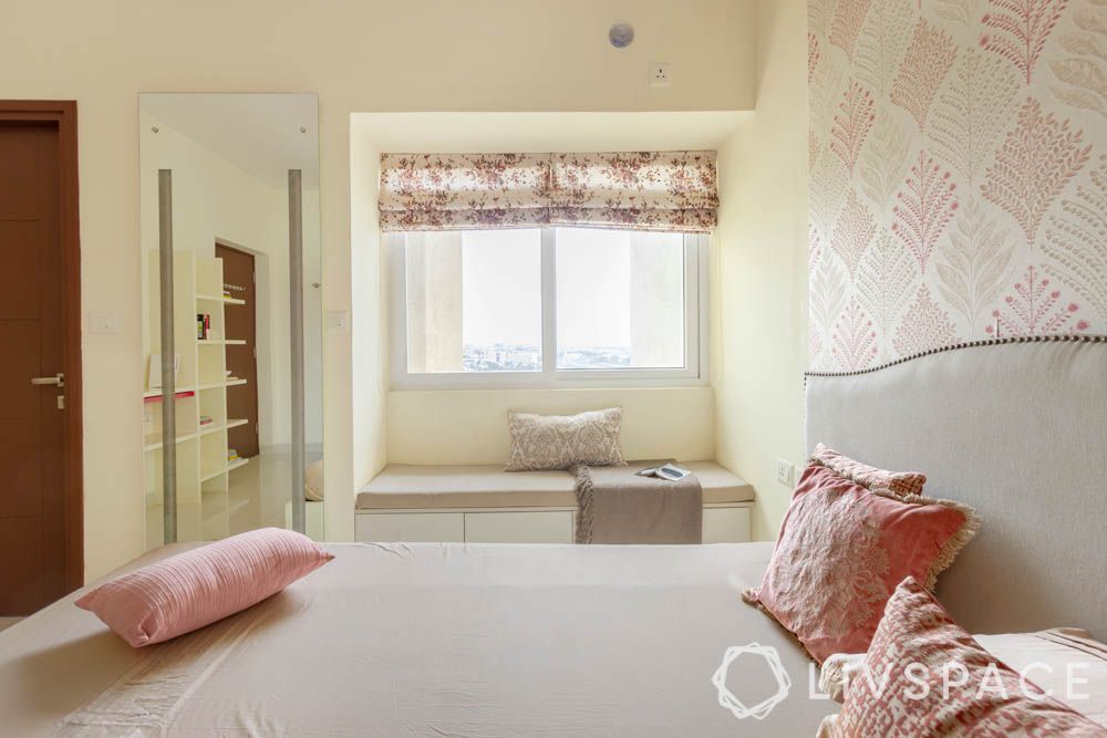 Master bedroom-wallpaper-bay seating-mirror