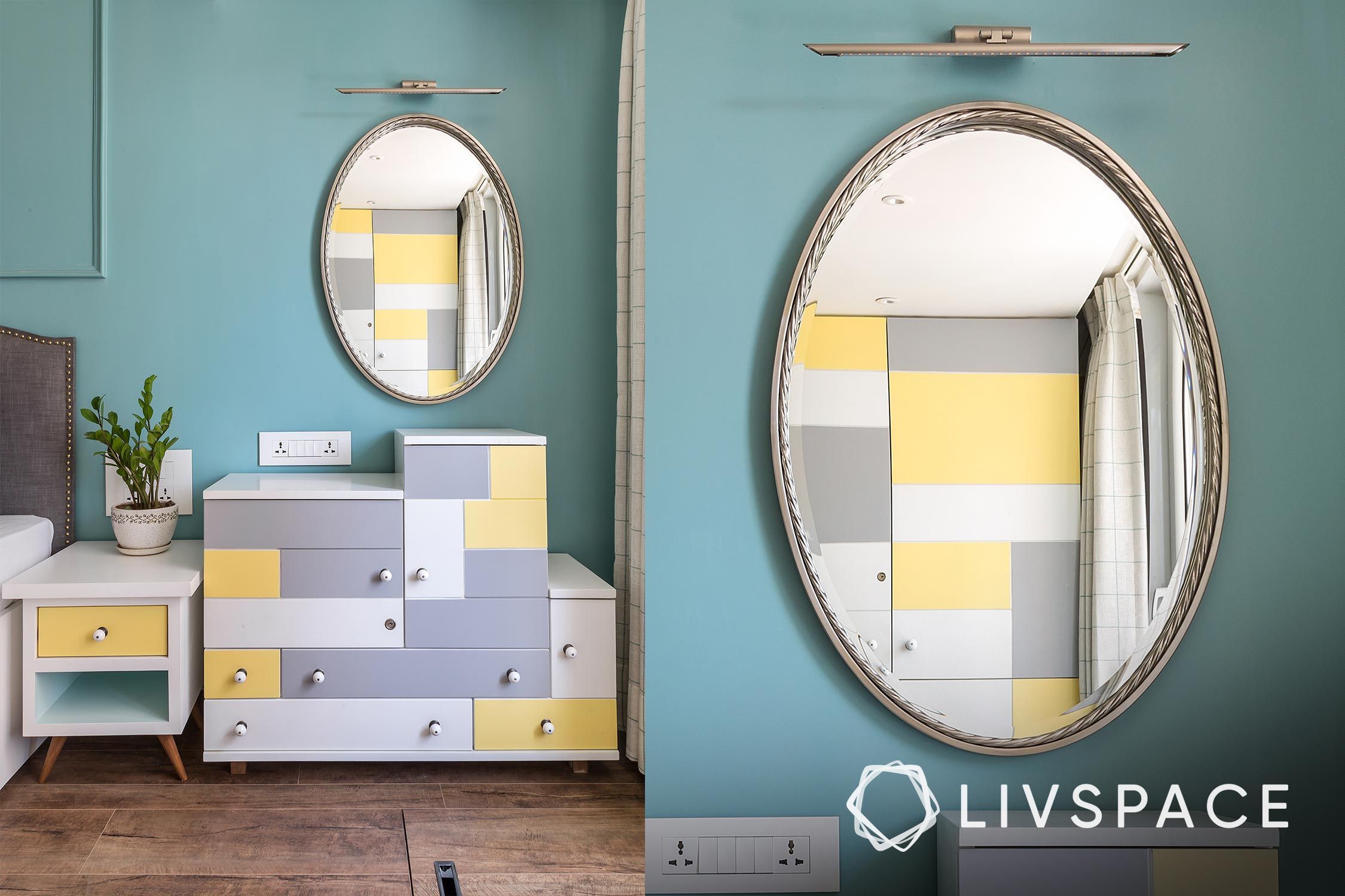 mirror shapes-yellow and grey vanity unit-blue wall