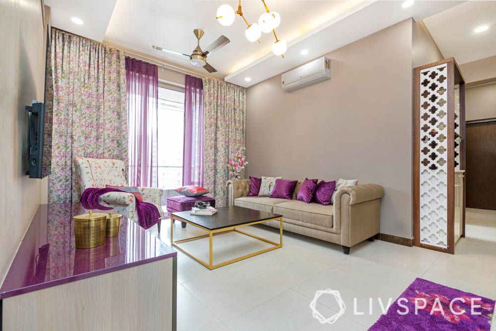 paint ideas-living room-purple and beige upholstery-jaali