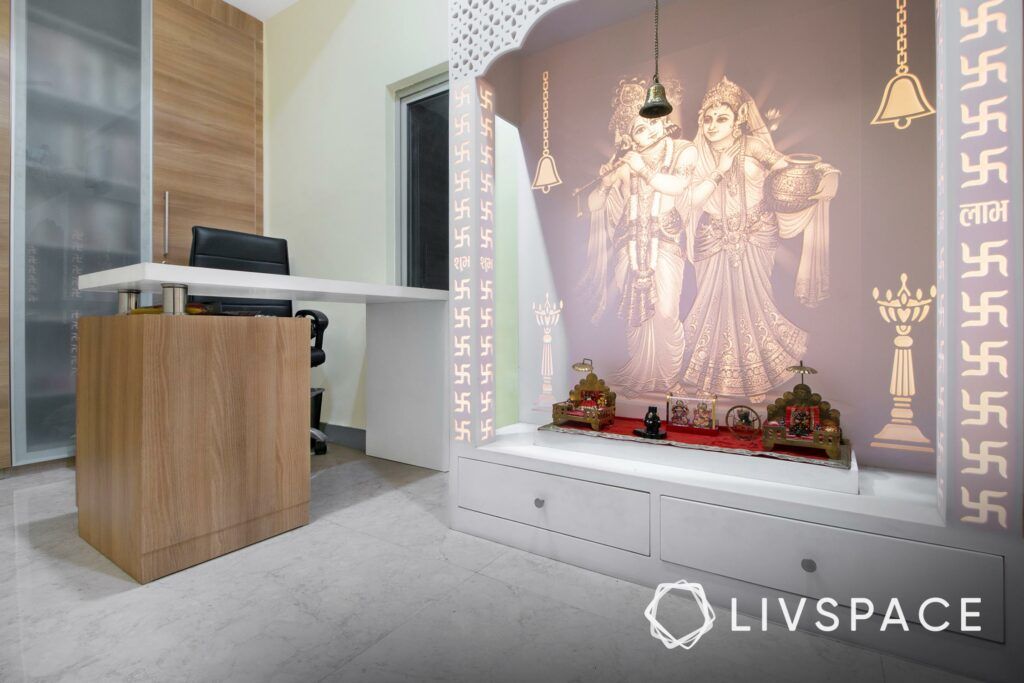white pooja room designs-lighting