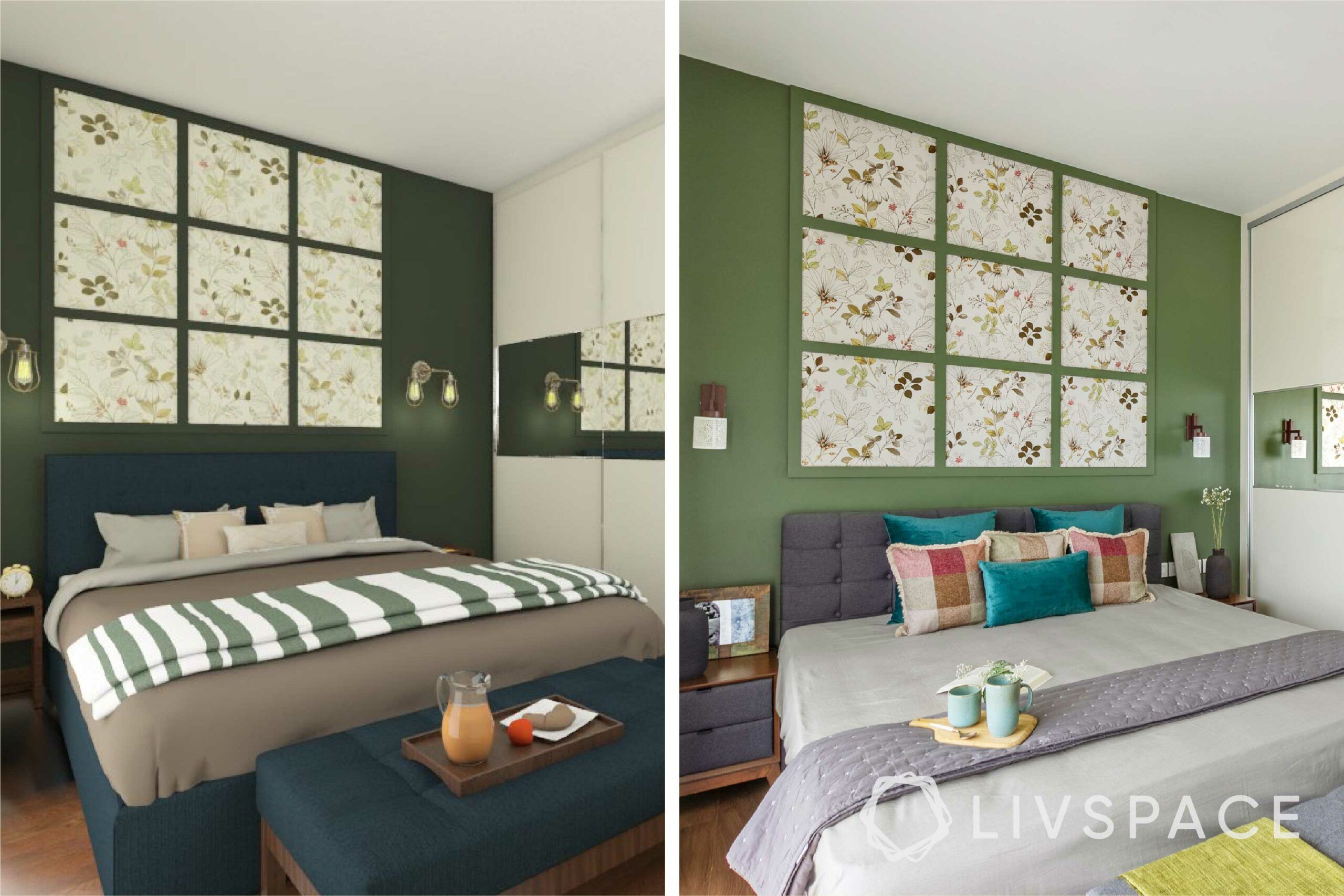 interiors in bangalore-green painted walls-wall trims-upholstered bed-white wardrobes-floral 
wallpaper 
