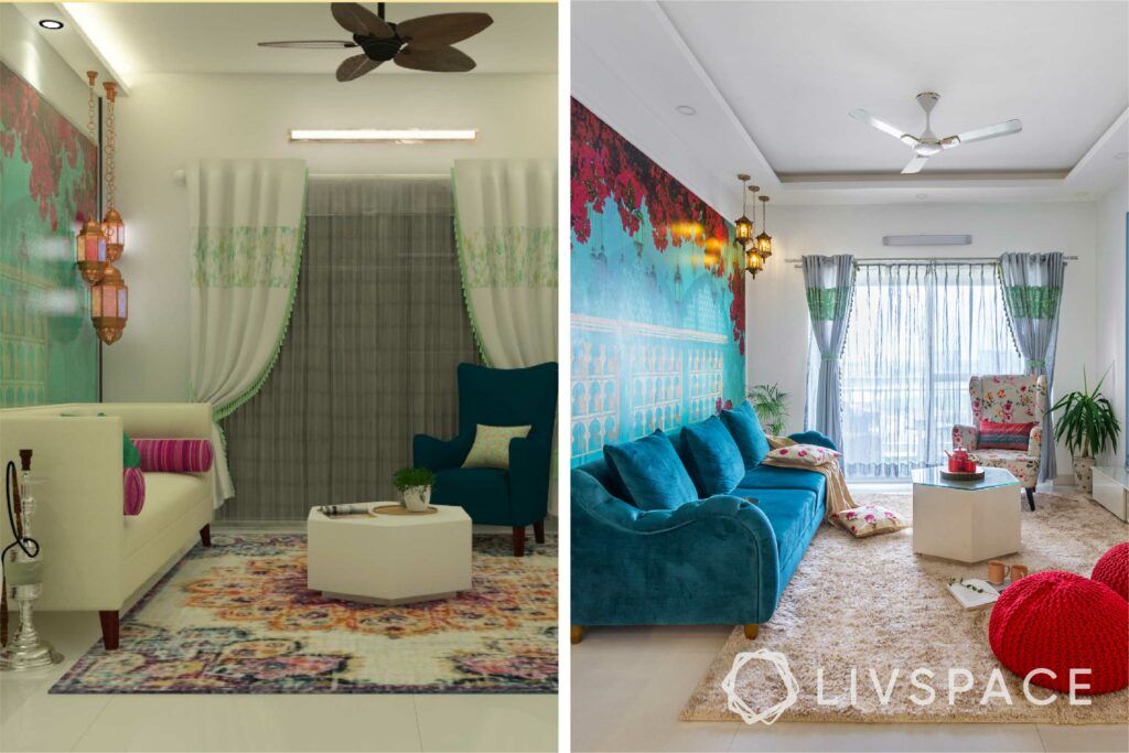 interiors in bangalore-blue bougainville wallpaper-floor seating-wall trims-tv unit design
