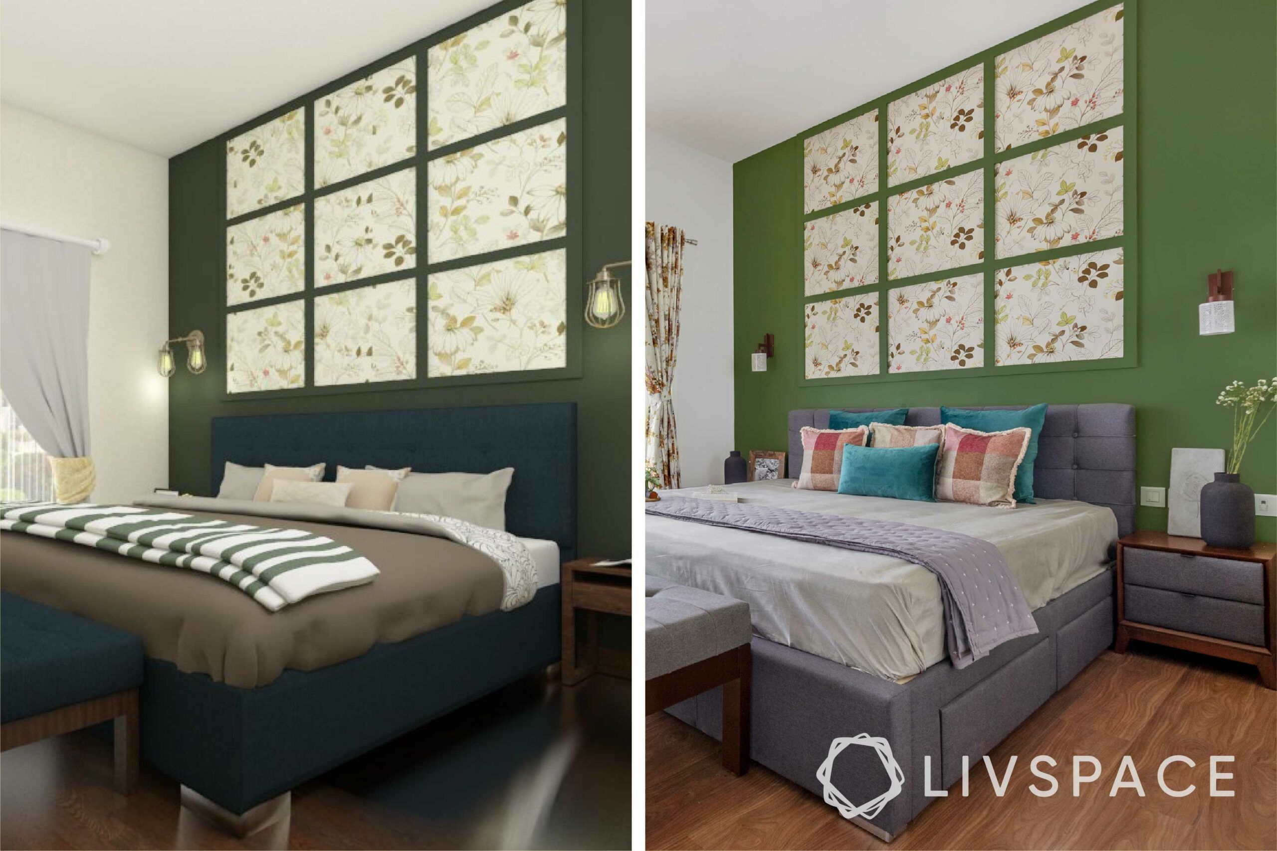 interiors in bangalore-green painted walls-wall trims-upholstered bed-white wardrobes-floral 
wallpaper 
