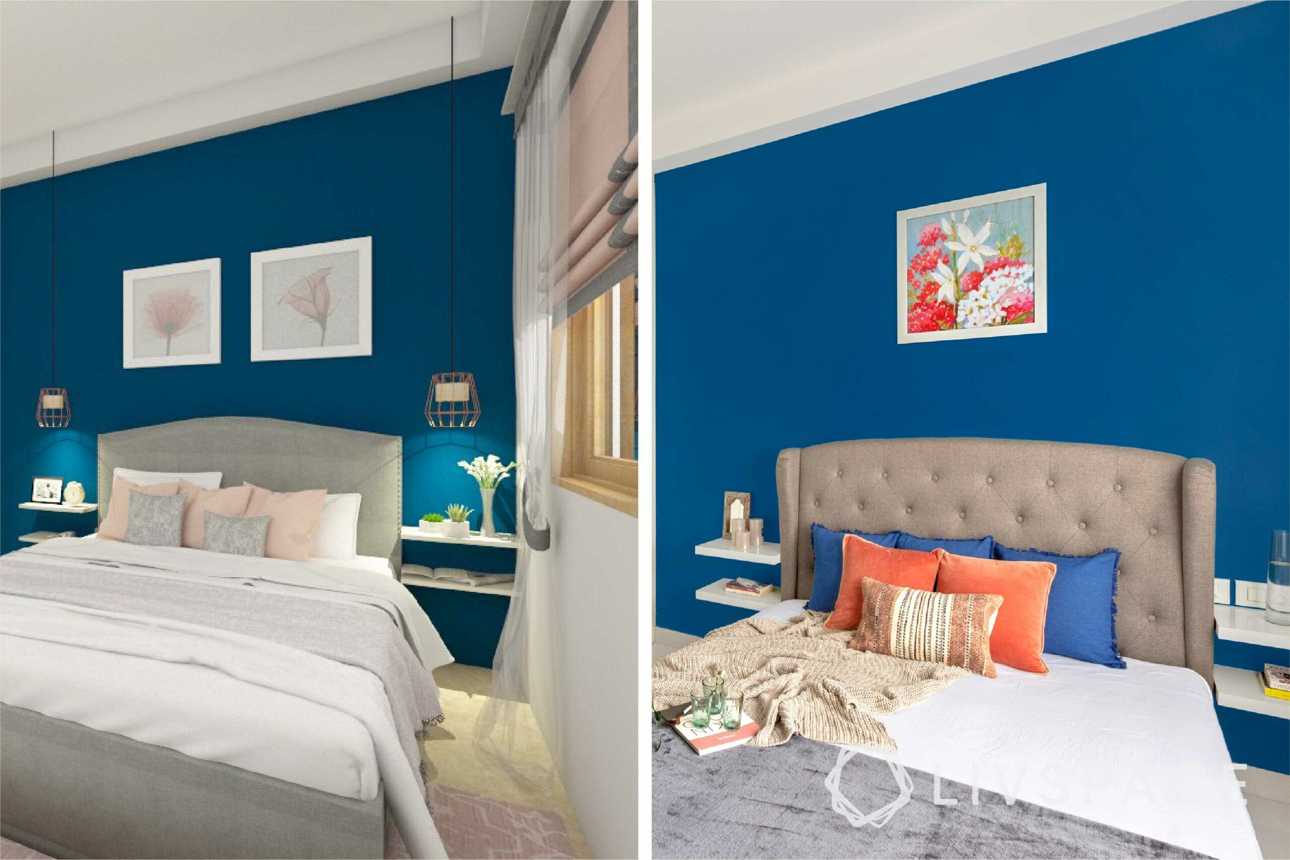 interiors in bangalore-blue painted walls-wall art-upholstered bed-white wardrobes