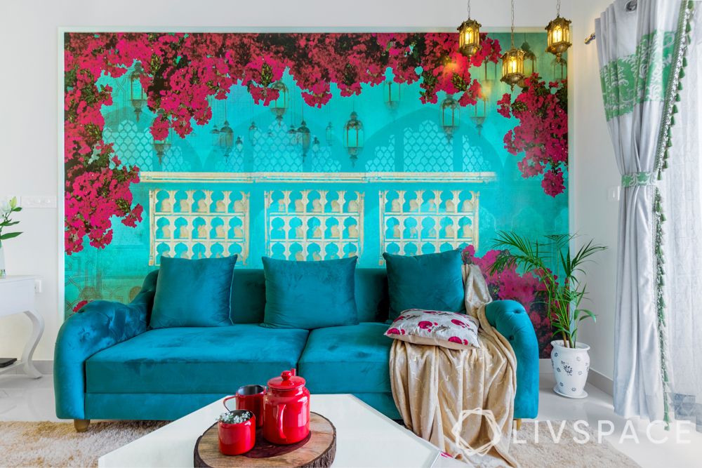 interiors in bangalore-blue bougainville wallpaper-floor seating-wall trims-tv unit design