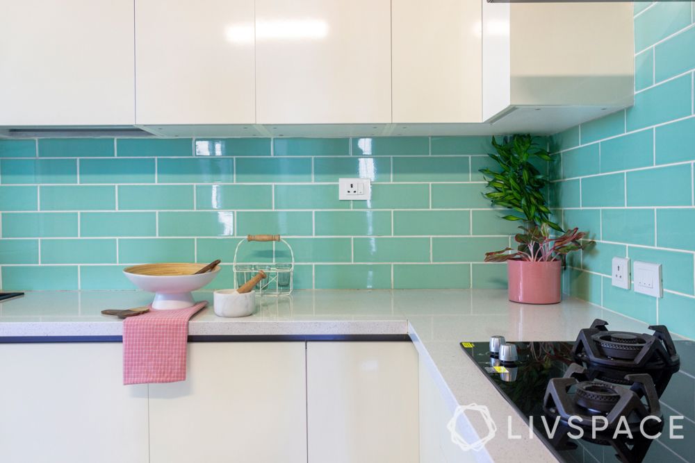 interiors in bangalore-subway tiles-clue backsplash-white cabinets-high gloss laminate