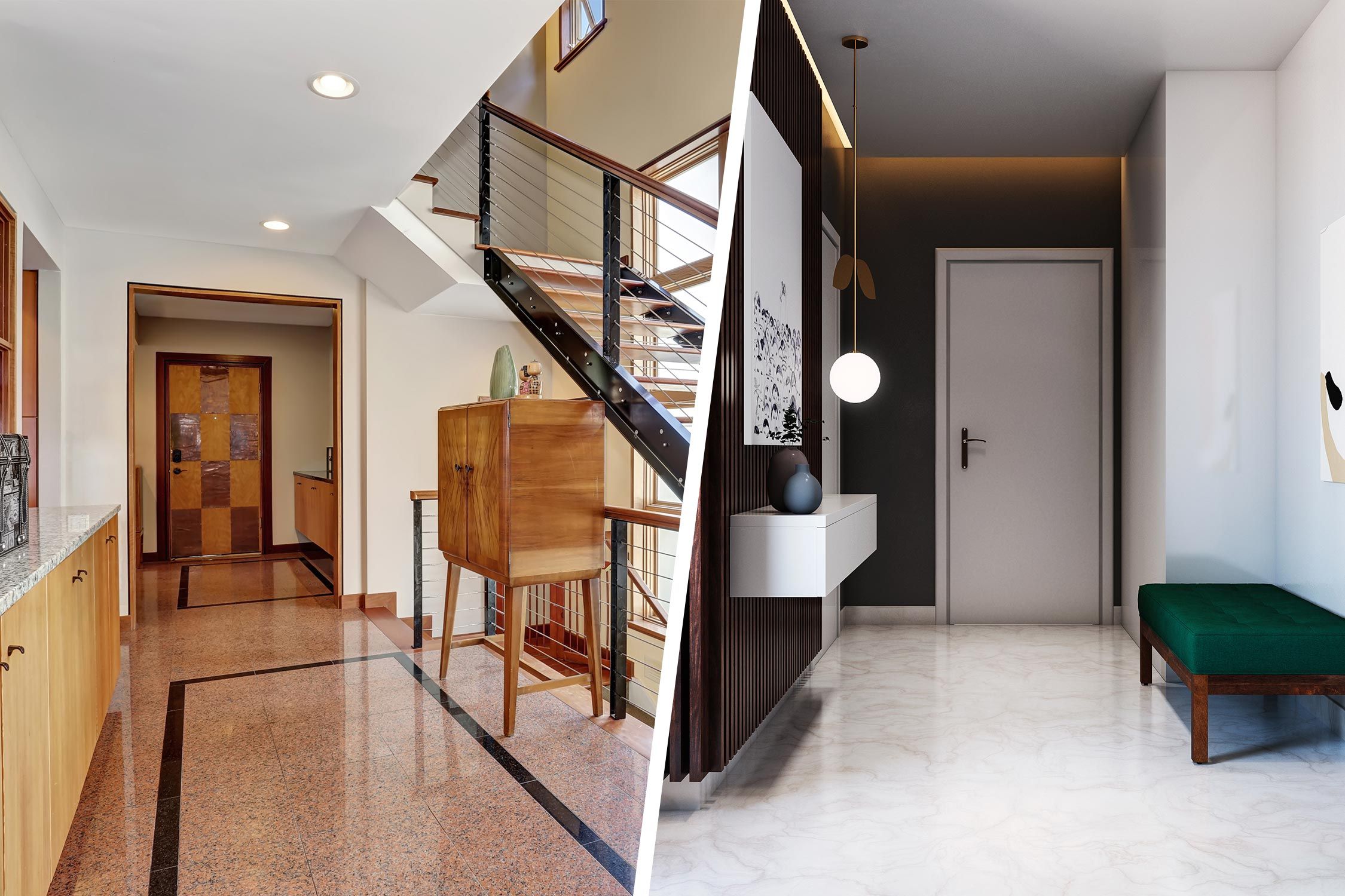 wooden-cabinets-granite-flooring-green-bench-white-granite-floor